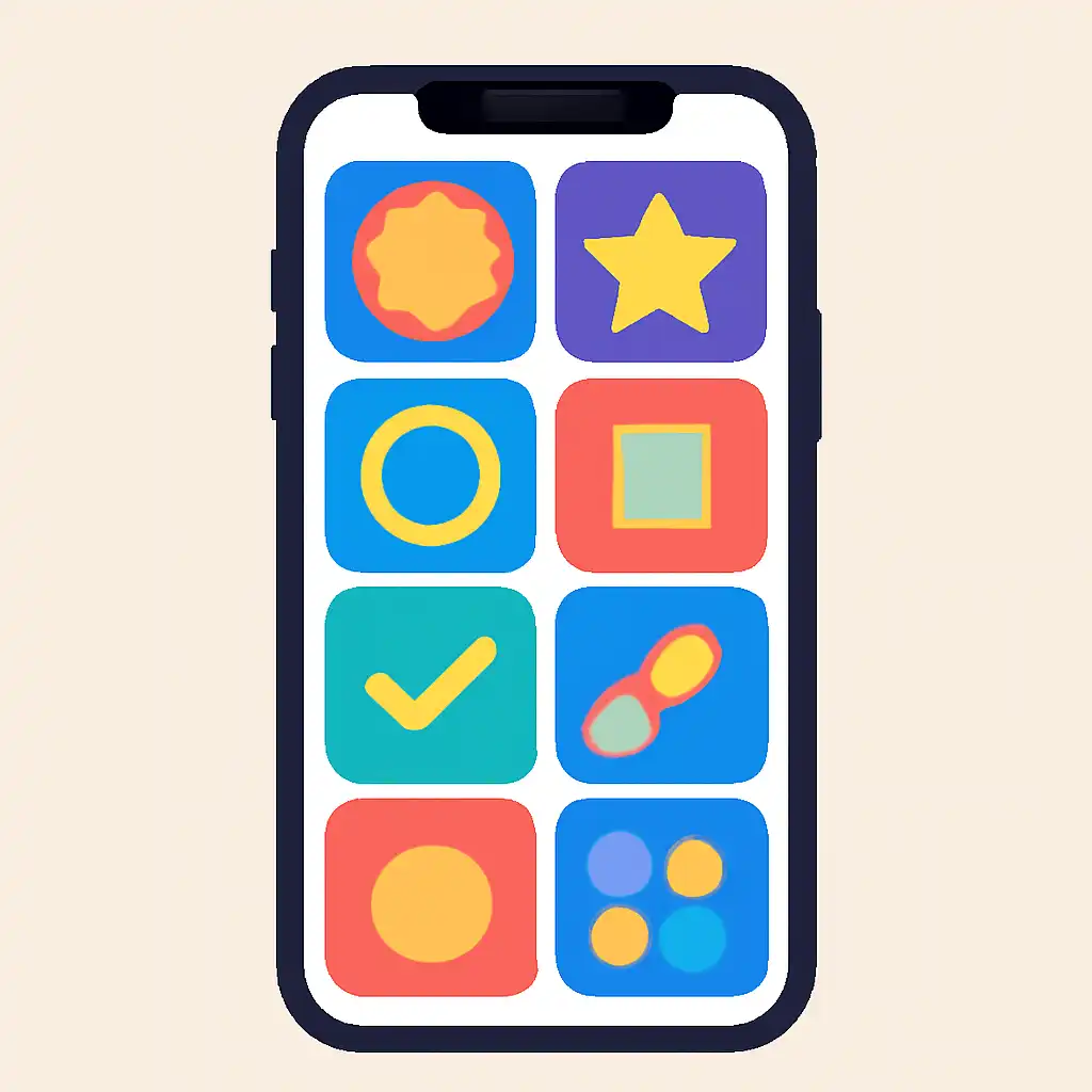 Smartphone shown from the front displaying a colourful flat layout of abstract game icons and rounded tiles (no text, no letters, no labels), How Funky Time Works