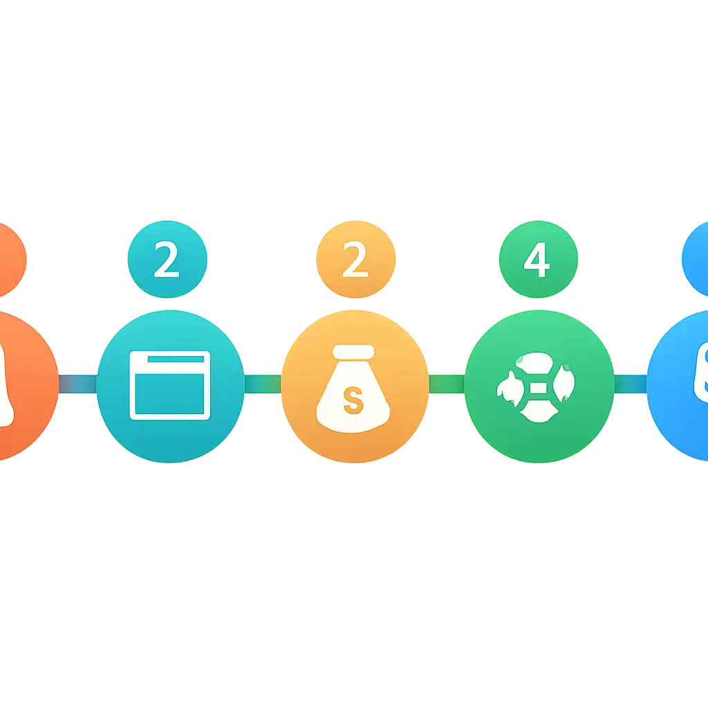 Five numbered circular icons connected by arrows in a horizontal flow, flat illustration, icons only, no words, How Funky Time Works steps