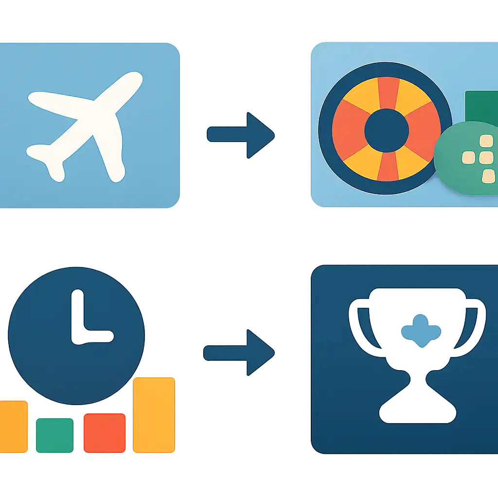 Infographic comparing options using coloured bars and icons only, no text or labels, flat design, How Funky Time Works