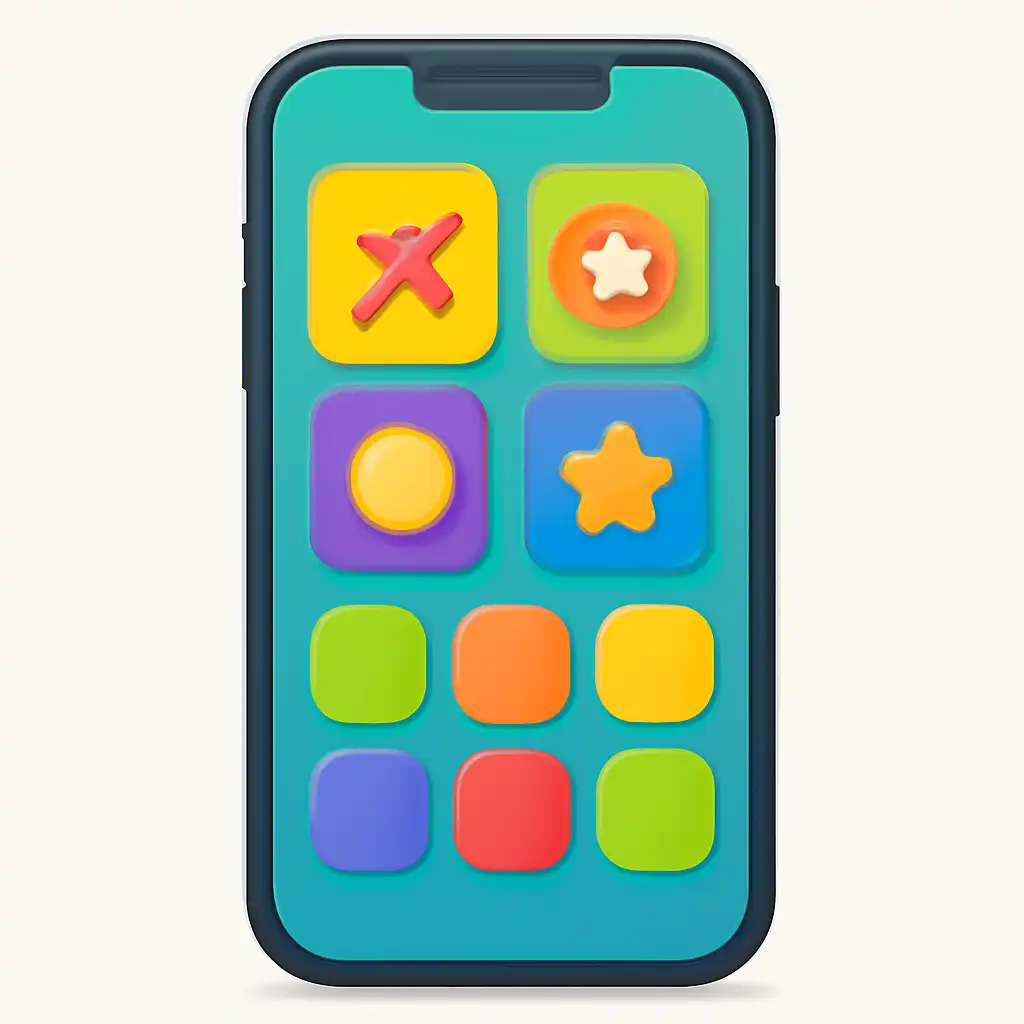 Smartphone shown from the front displaying a colourful flat layout of abstract game icons and rounded tiles (no text, no letters, no labels), How Aviator Works