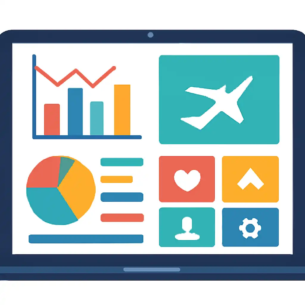 Laptop shown from the front displaying a colourful flat dashboard of abstract charts, bars and icon tiles (no text, no letters, no labels), How Aviator Works
