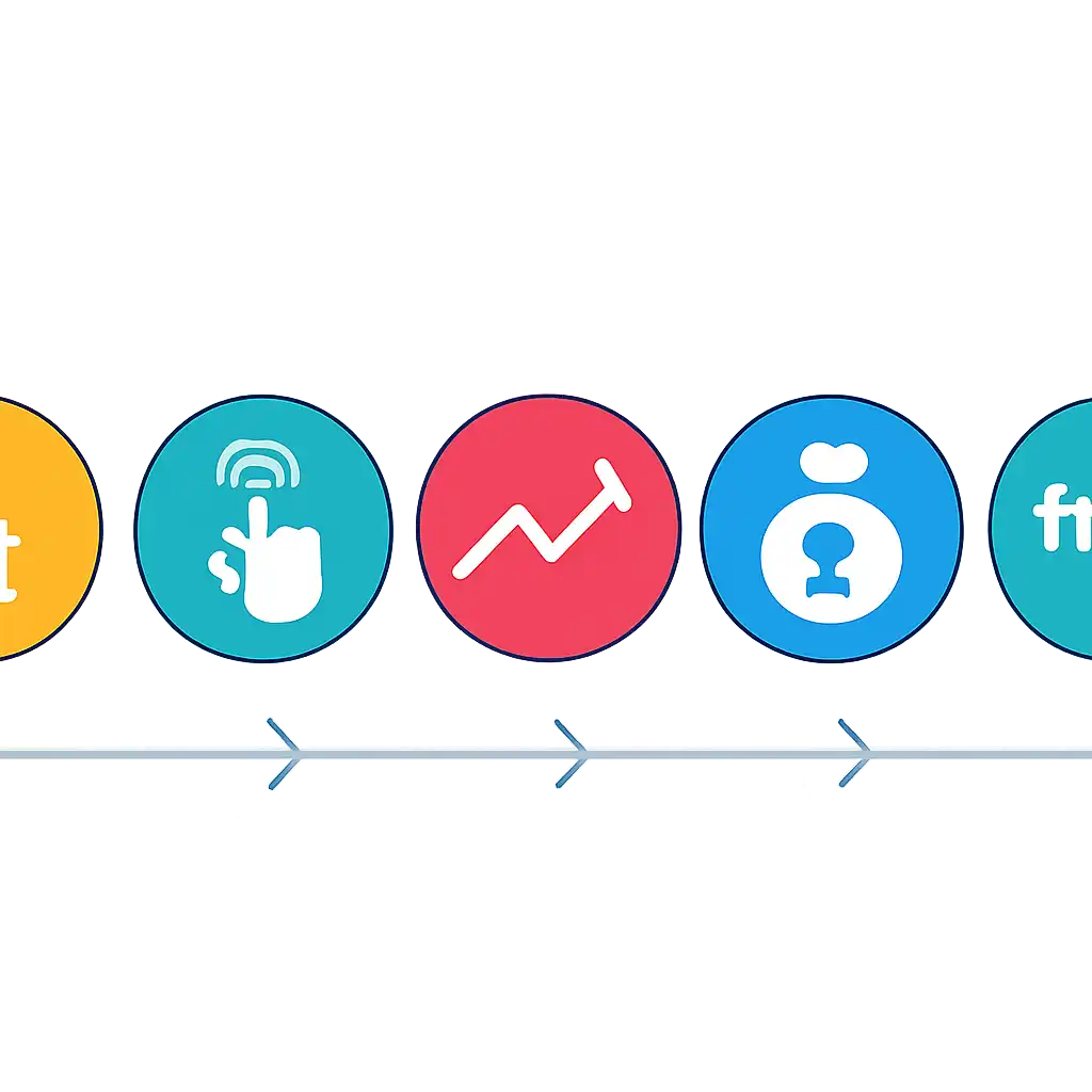 Five numbered circular icons connected by arrows in a horizontal flow, flat illustration, icons only, no words, How Aviator Works steps