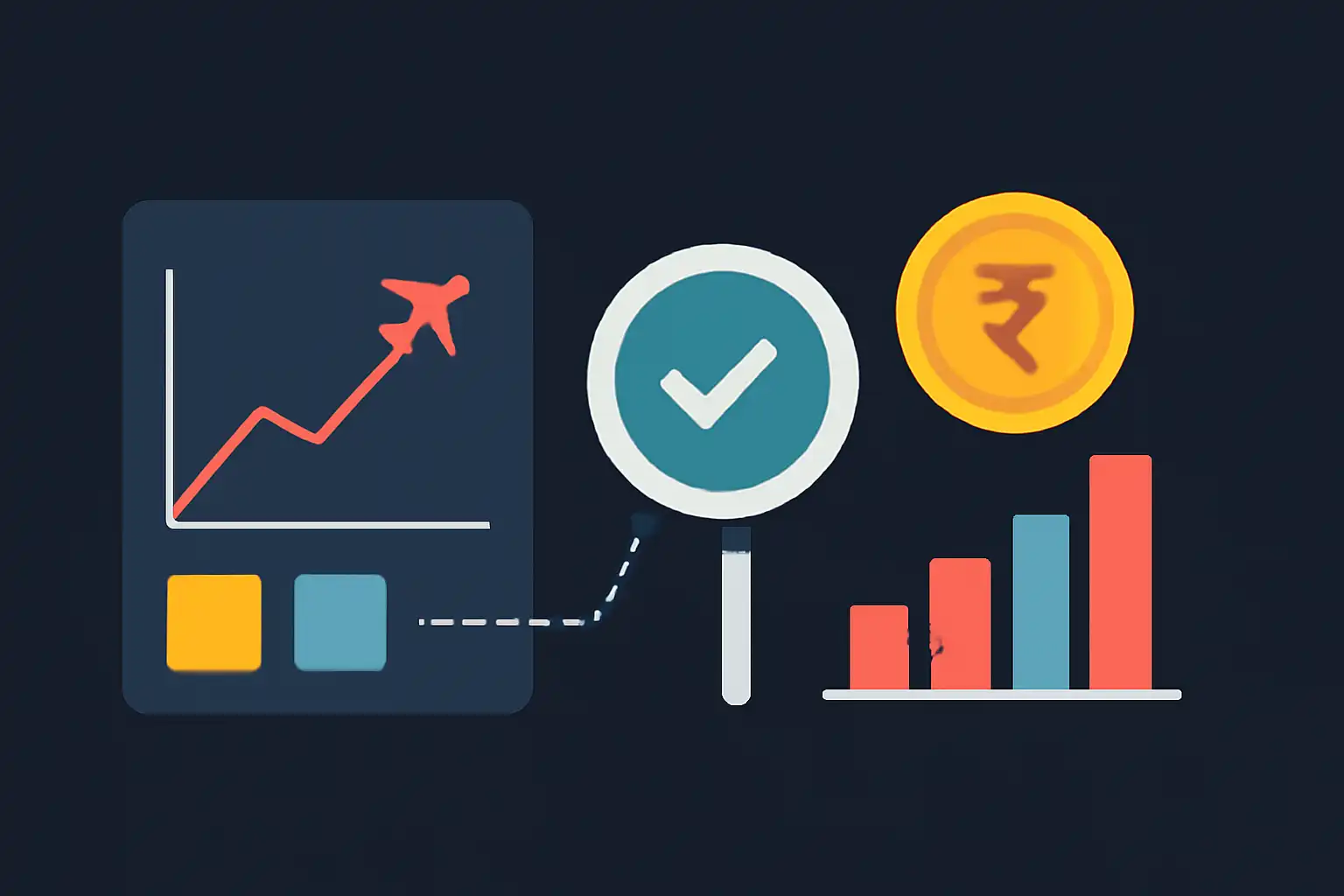 Hero illustration: How Aviator Predictor Works, modern flat design, dark background, brand-neutral, icons and shapes only, no text