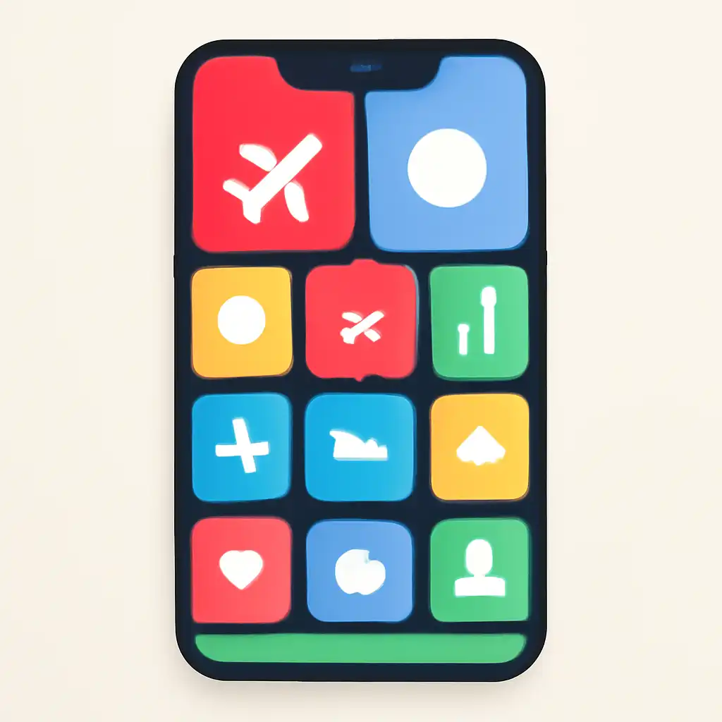 Smartphone shown from the front displaying a colourful flat layout of abstract game icons and rounded tiles (no text, no letters, no labels), How Aviator Predictor Works
