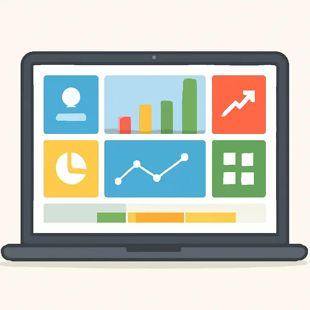 Laptop shown from the front displaying a colourful flat dashboard of abstract charts, bars and icon tiles (no text, no letters, no labels), How Aviator Predictor Works