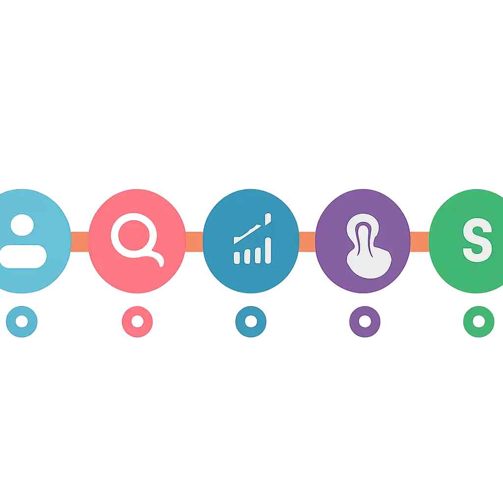 Five numbered circular icons connected by arrows in a horizontal flow, flat illustration, icons only, no words, How Aviator Predictor Works steps