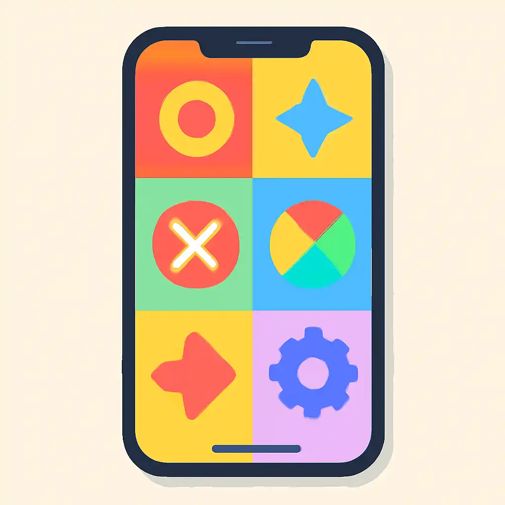 Smartphone shown from the front displaying a colourful flat layout of abstract game icons and rounded tiles (no text, no letters, no labels), How Crazy Time Works