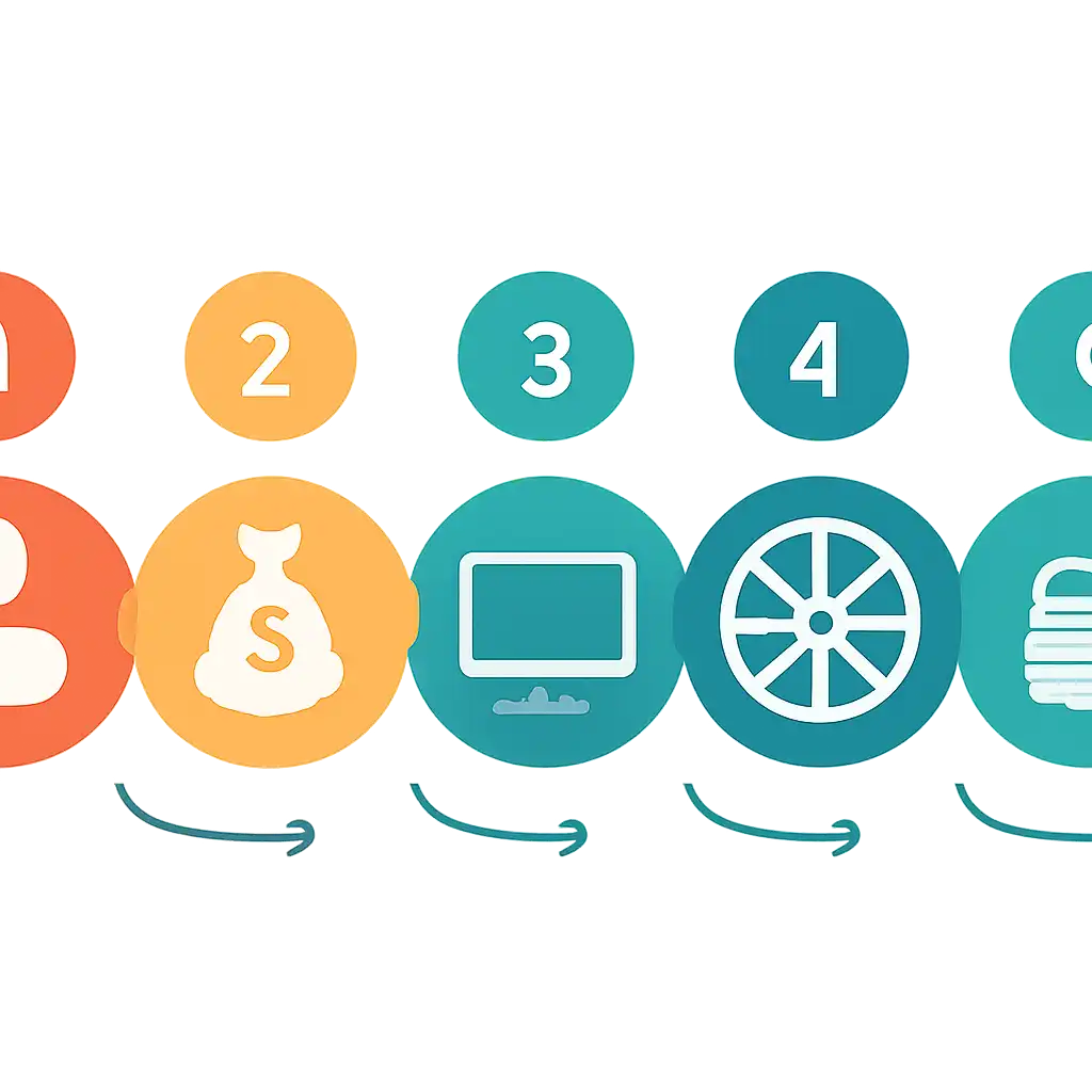 Five numbered circular icons connected by arrows in a horizontal flow, flat illustration, icons only, no words, How Crazy Time Works steps