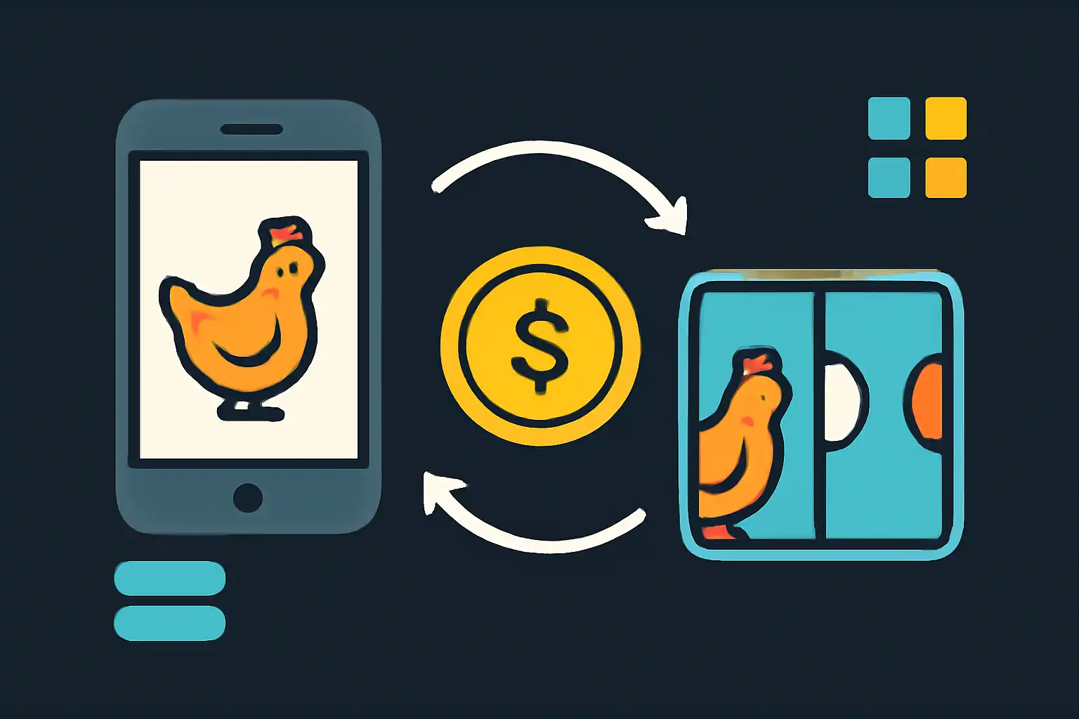 Hero illustration: How Chicken Road Works, modern flat design, dark background, brand-neutral, icons and shapes only, no text