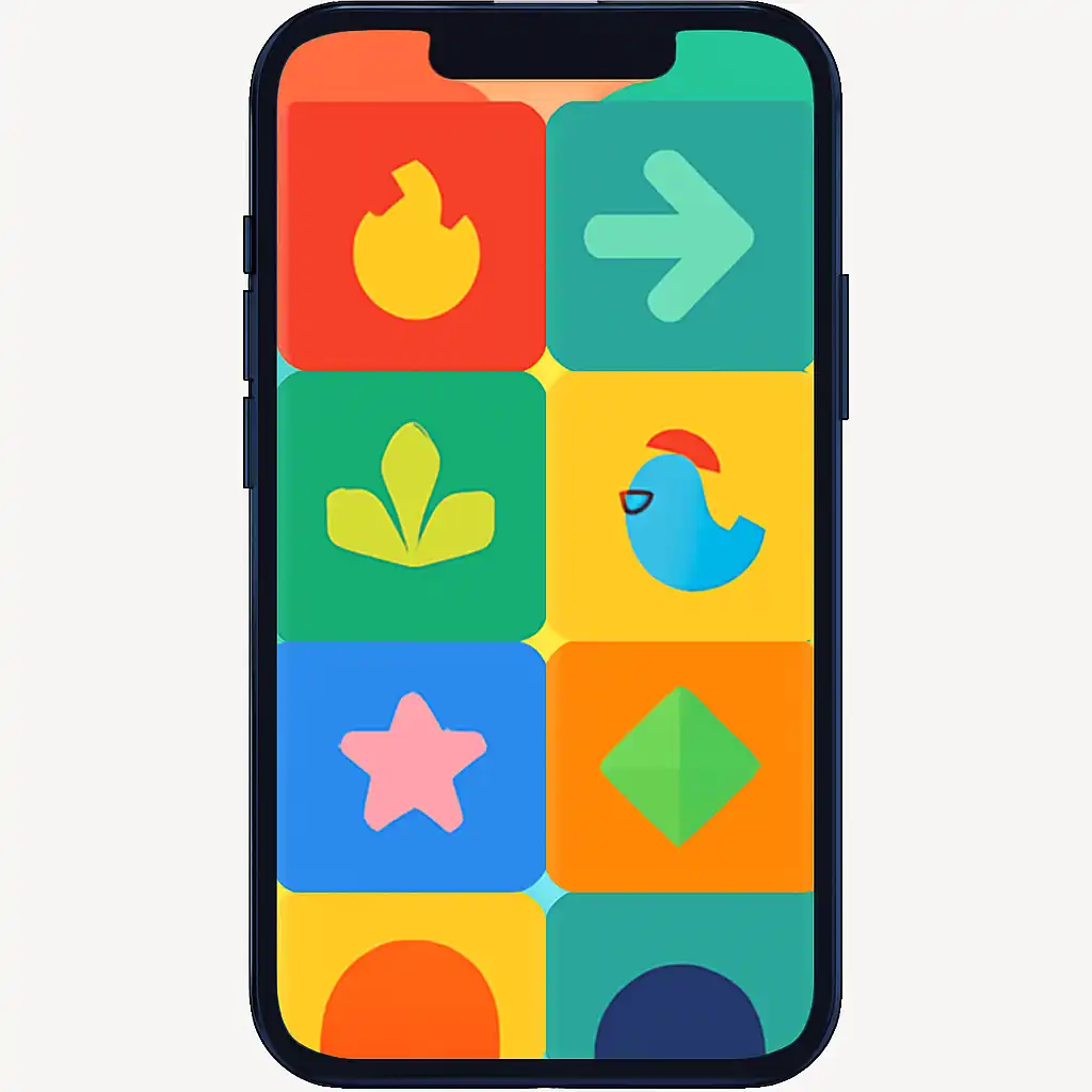 Smartphone shown from the front displaying a colourful flat layout of abstract game icons and rounded tiles (no text, no letters, no labels), How Chicken Road Works
