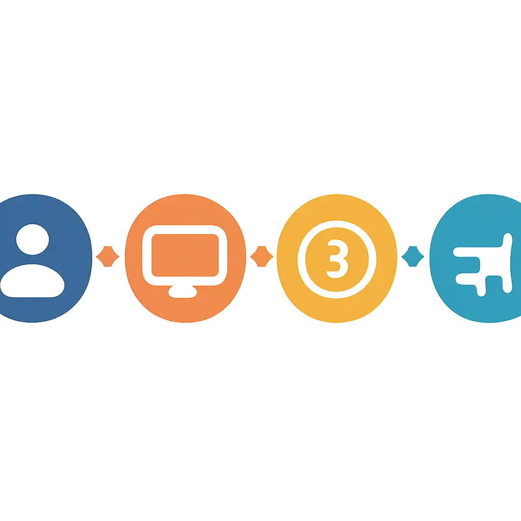 Five numbered circular icons connected by arrows in a horizontal flow, flat illustration, icons only, no words, How Chicken Road Works steps