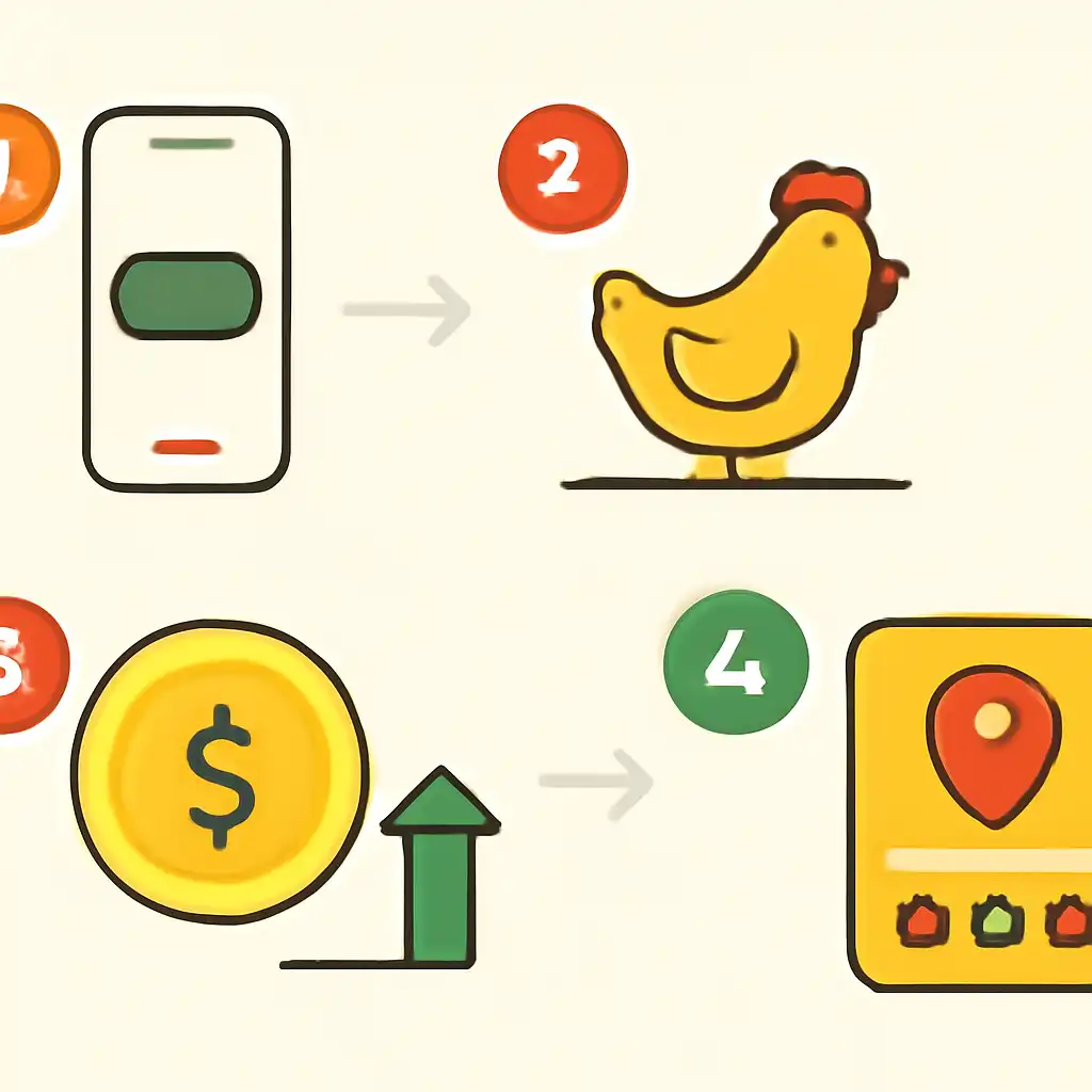 Annotated step diagram: chicken road game process with numbered callouts